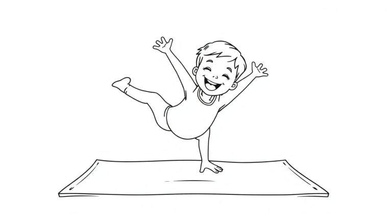 A happy child doing yoga on a color panel mat.
