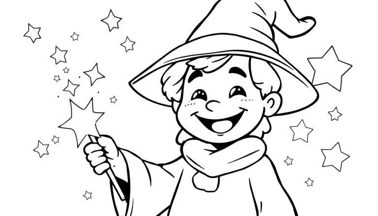 A smiling young wizard with a pointed hat and robe, holding a star-tipped wand, surrounded by stars. This is a black and white coloring page panel.