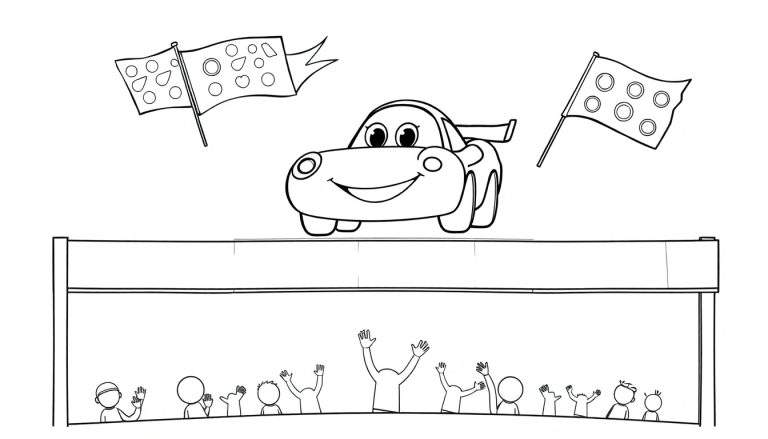 A cute cartoon car with big eyes and a smile is above a cheering crowd. The scene has two flags, one with irregular shapes and circles, and the other with uniform circles. This is a black and white color panel for kids.