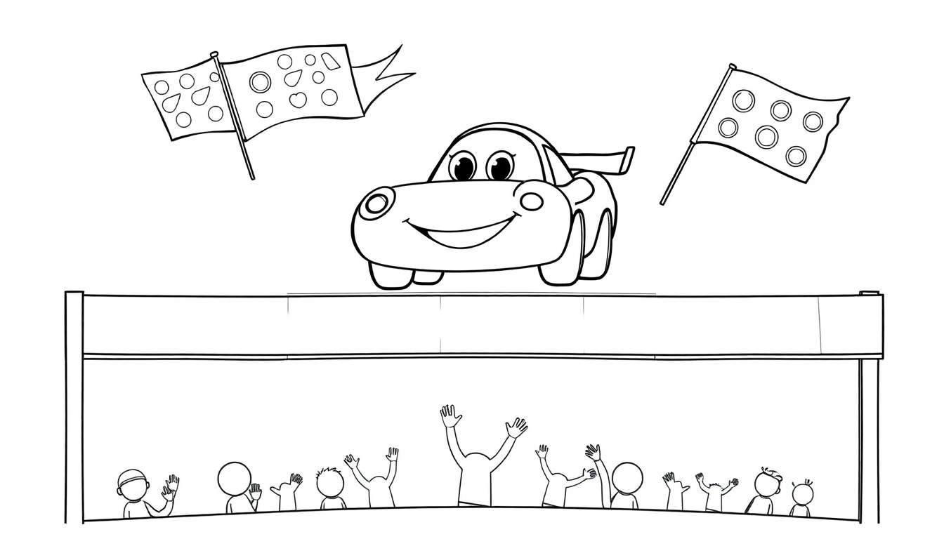 A cute cartoon car with big eyes and a smile is above a cheering crowd. The scene has two flags, one with irregular shapes and circles, and the other with uniform circles. This is a black and white color panel for kids.