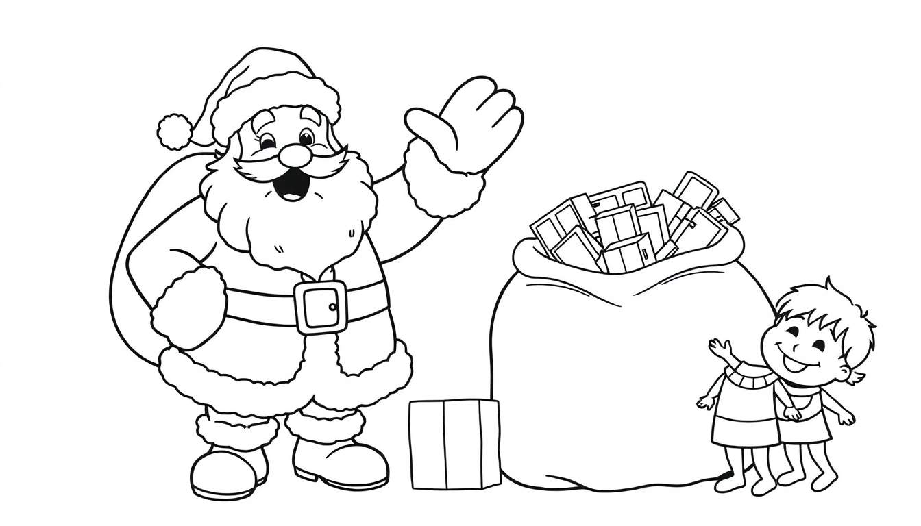 A coloring panel of Santa Claus with a big bag of toys waving hello to two happy children.