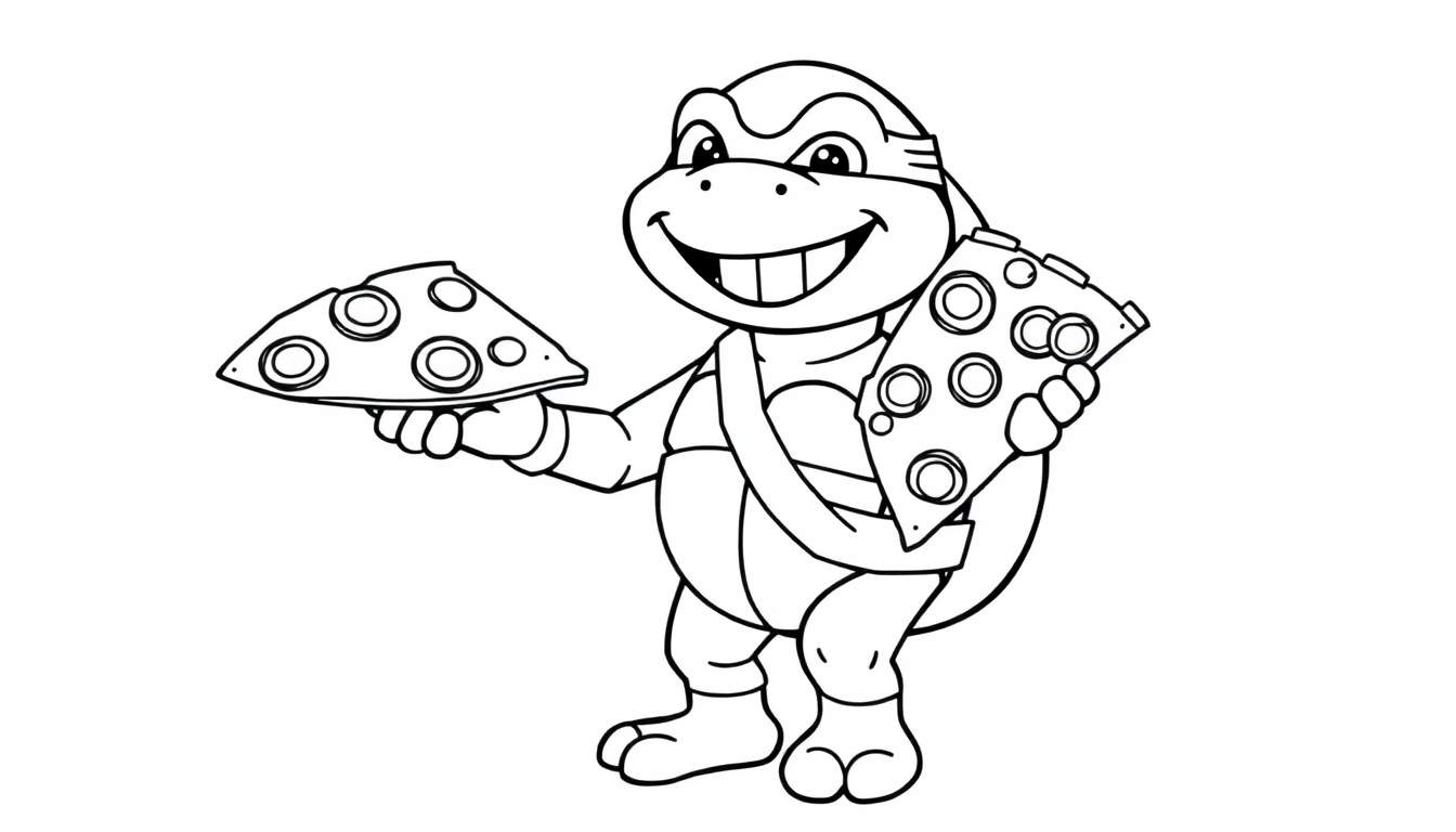 A cute Teenage Mutant Ninja Turtle with a goofy grin, holding a slice of pizza, ready for coloring fun! This is a black and white color panel.