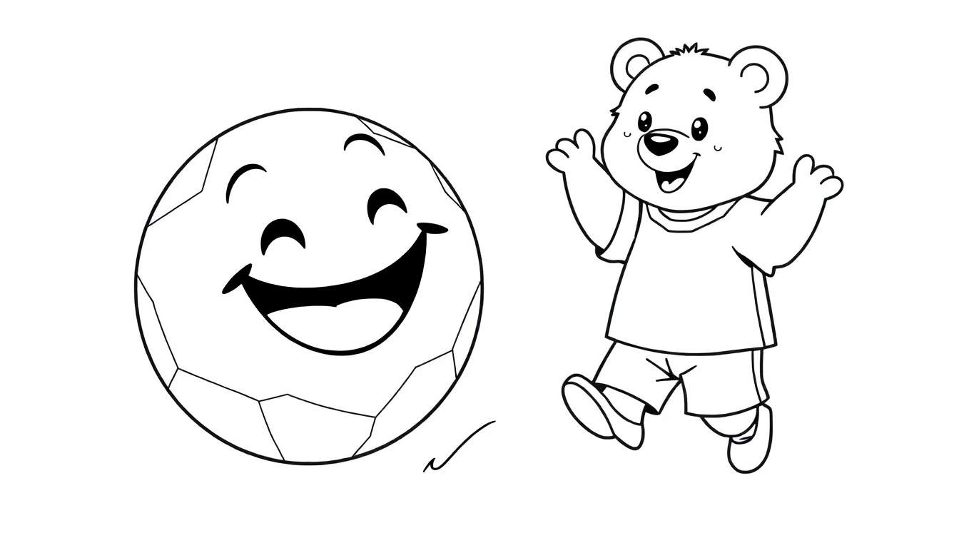 A cartoon soccer ball with a smile kicks a ball towards a smiling teddy bear player. It's a simple black and white line drawing.