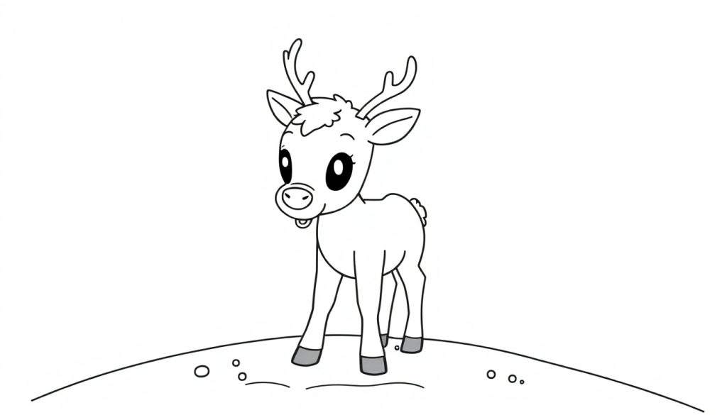 A cute baby reindeer with big, curious eyes on a snowy hill, ready for coloring fun. This is a black and white color panel.