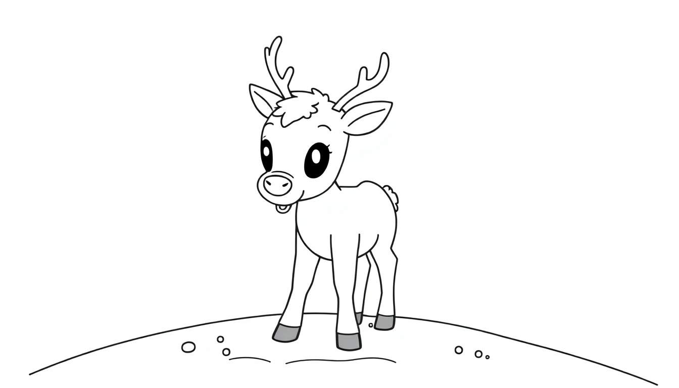 A cute baby reindeer with big, curious eyes on a snowy hill, ready for coloring fun. This is a black and white color panel.