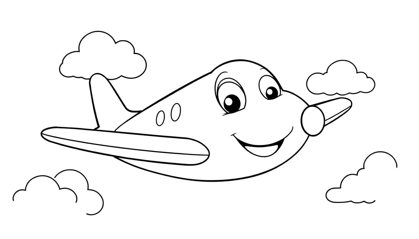 A friendly cartoon airplane with big eyes and a smile, flying in the sky, ready for a color panel adventure.