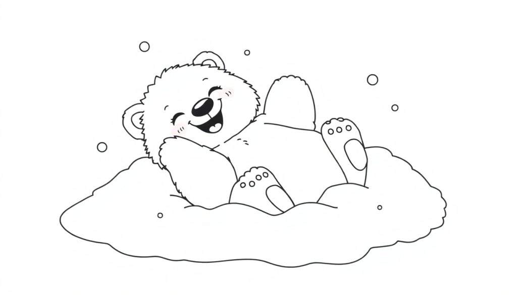 A black and white line drawing of a happy polar bear cub lying on its back, paws in the air, in a snowy scene, perfect for a color panel.