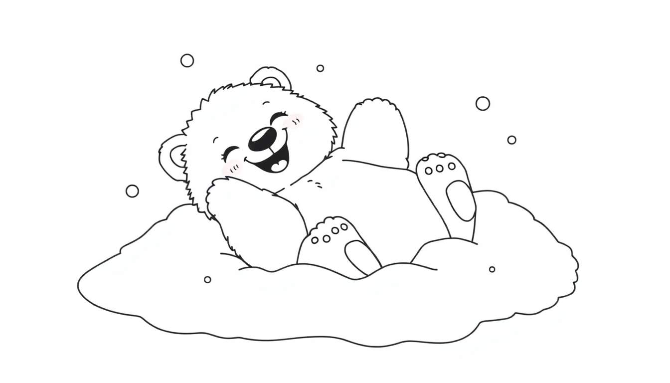 A black and white line drawing of a happy polar bear cub lying on its back, paws in the air, in a snowy scene, perfect for a color panel.
