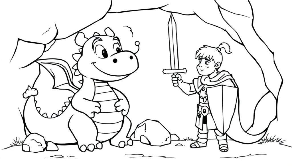 A cute black and white drawing of a smiling dragon and a young knight with a sword, standing at a cave entrance on a color panel.