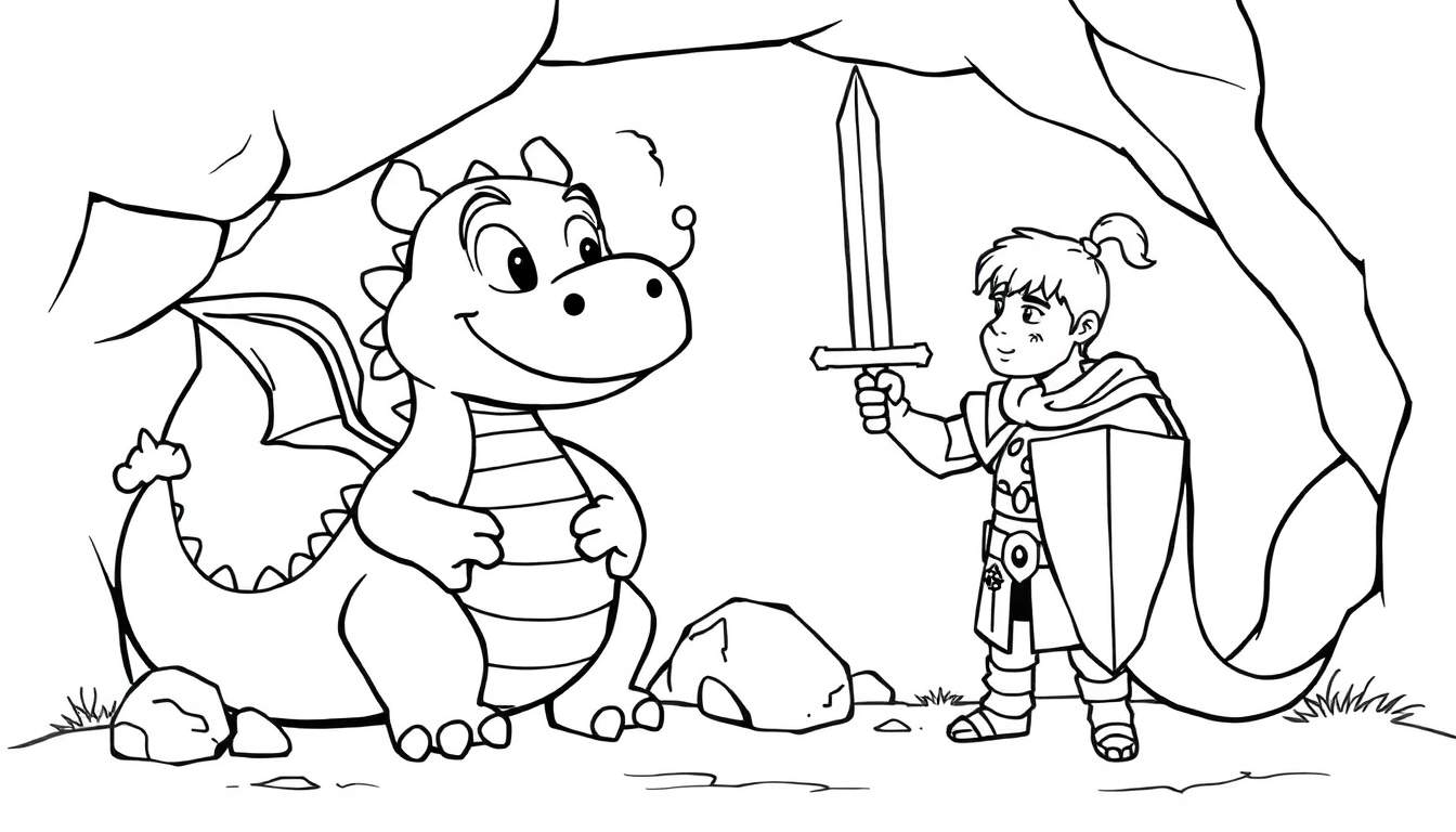 A cute black and white drawing of a smiling dragon and a young knight with a sword, standing at a cave entrance on a color panel.
