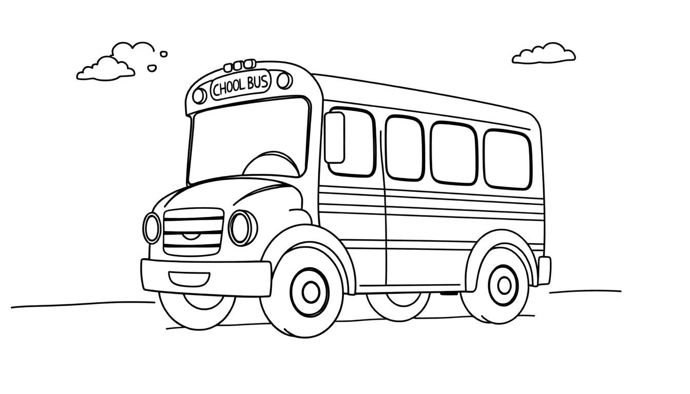 A black and white color panel drawing of a school bus with clouds above.