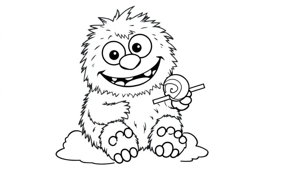 A black and white cartoon of a fluffy monster holding a lollipop, ready for coloring. This is a great color panel for kids!