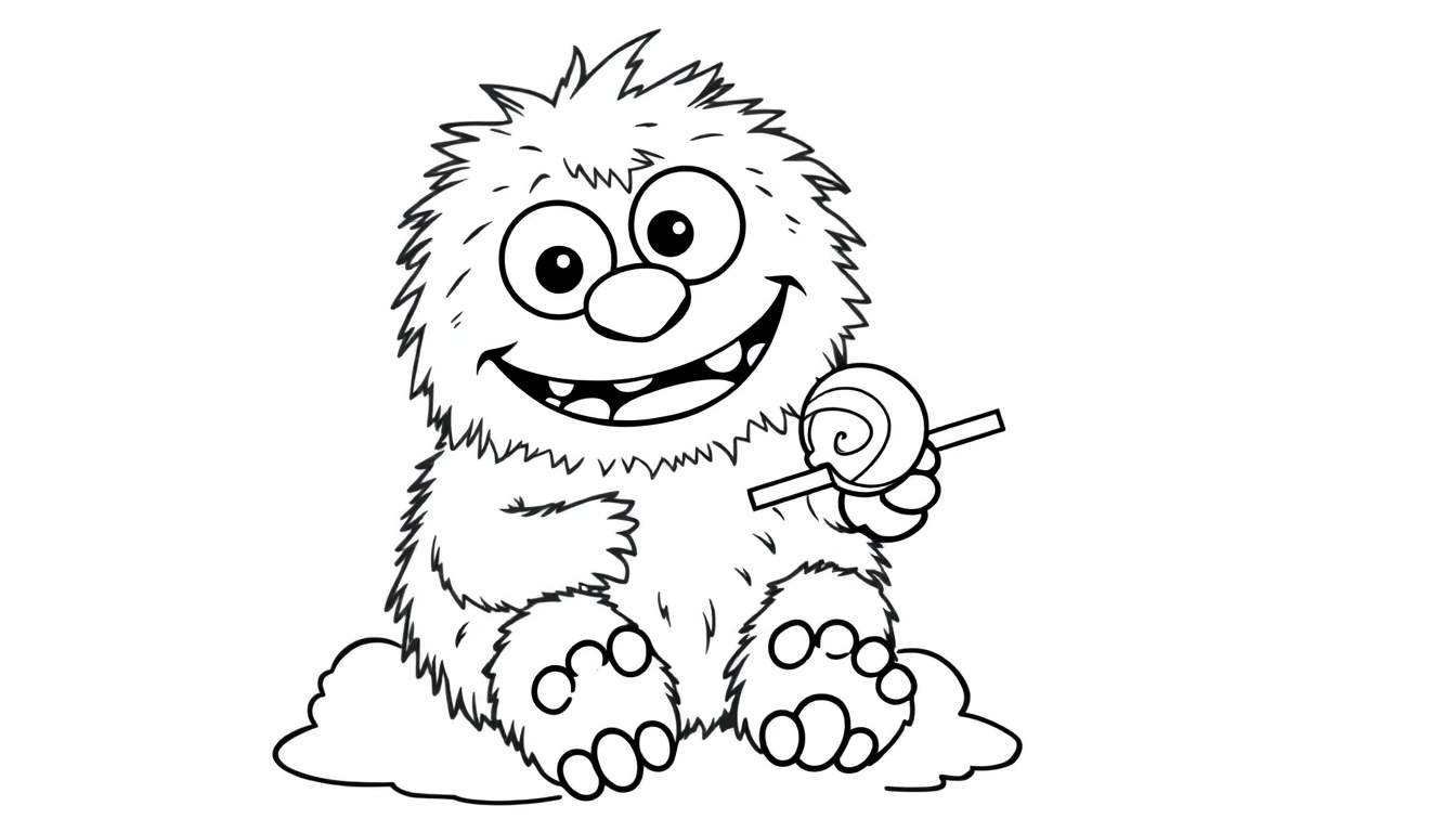 A black and white cartoon of a fluffy monster holding a lollipop, ready for coloring. This is a great color panel for kids!