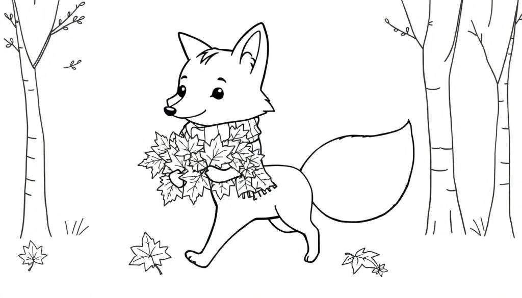 A cute fox in a color panel drawing, wearing a leaf scarf and holding leaves in an autumn forest.