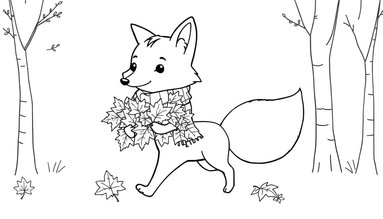 A cute fox in a color panel drawing, wearing a leaf scarf and holding leaves in an autumn forest.