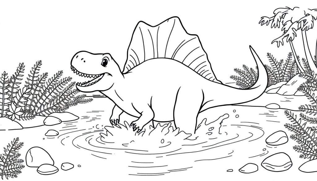 A friendly Spinosaurus coloring panel splashing in a prehistoric river.