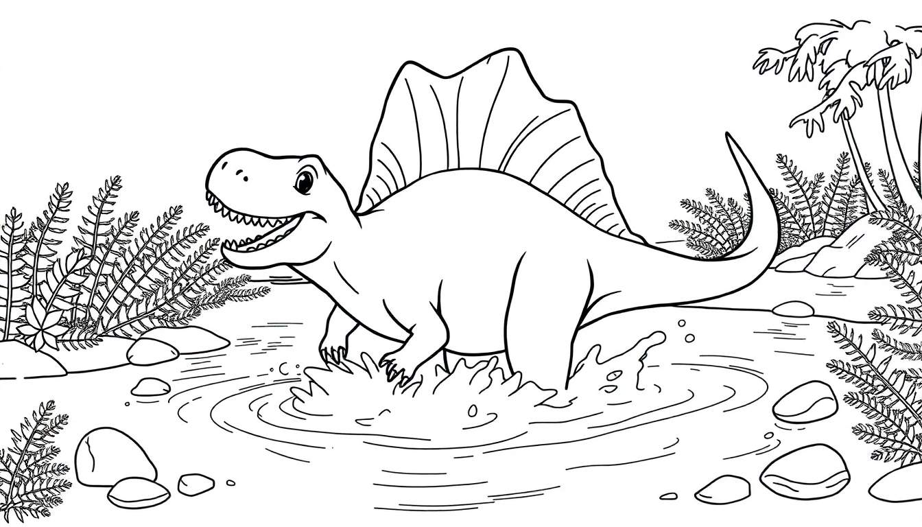 A friendly Spinosaurus coloring panel splashing in a prehistoric river.