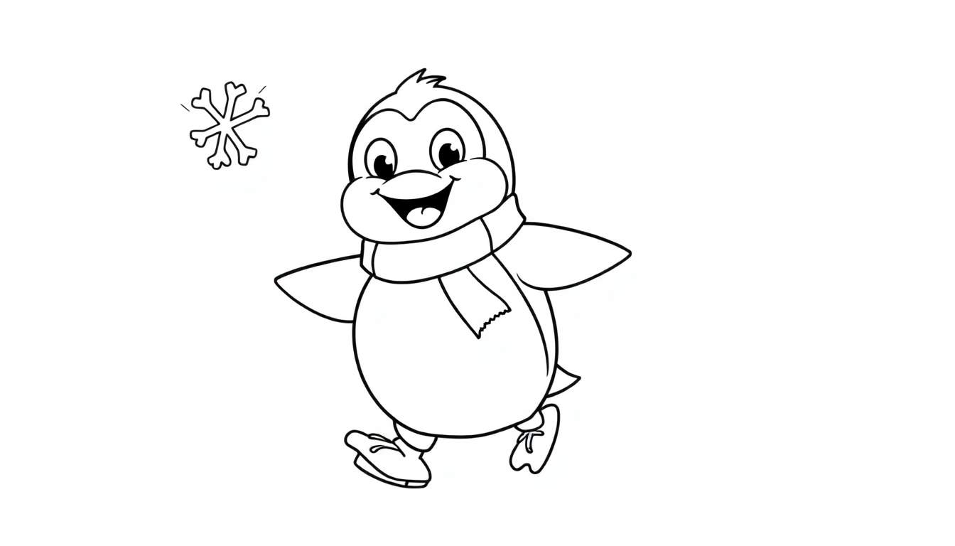 A cute penguin on ice skates, a black and white color panel, smiling with a snowflake nearby.