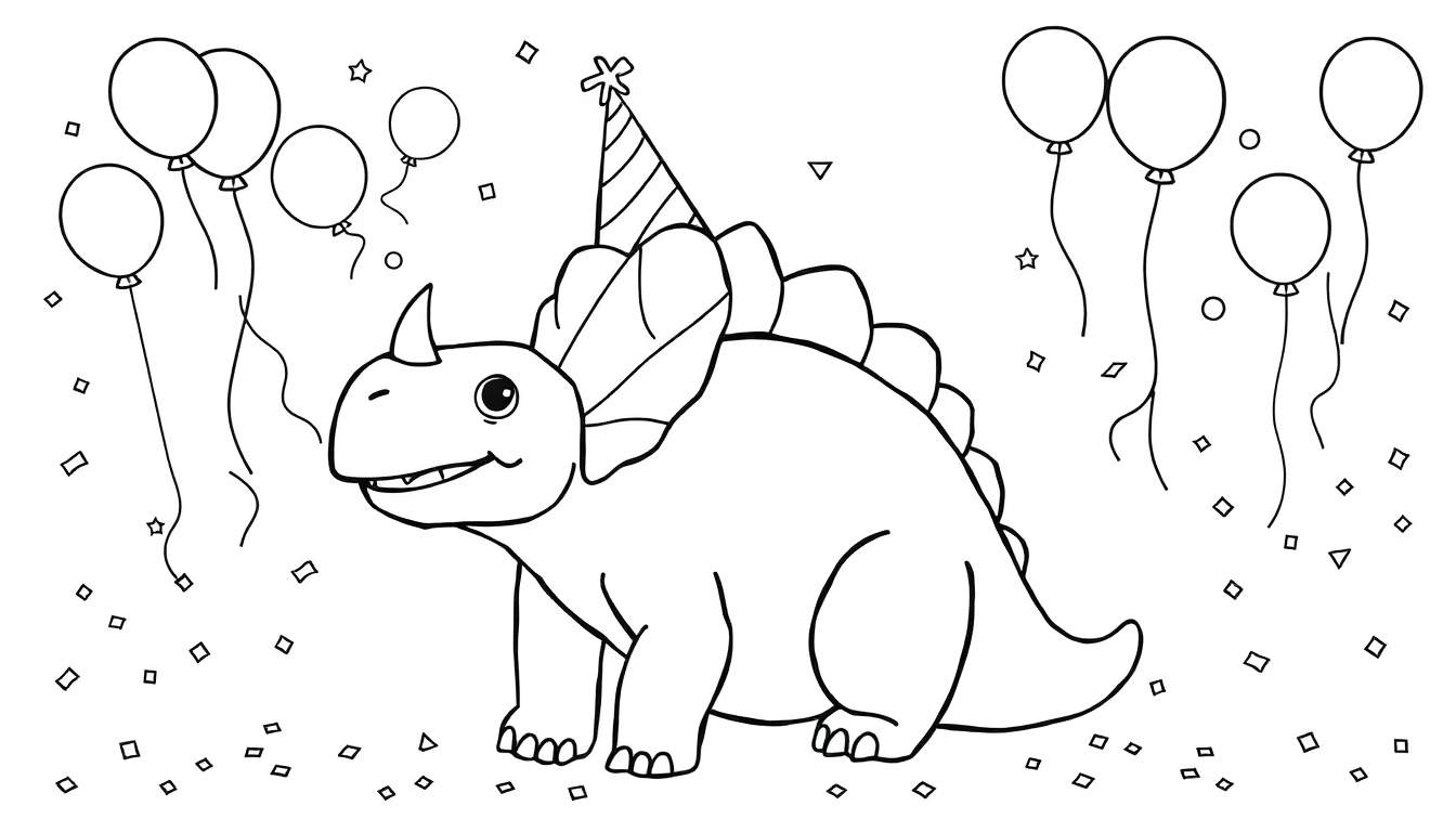 A black and white drawing of a Triceratops wearing a party hat, surrounded by balloons and confetti.