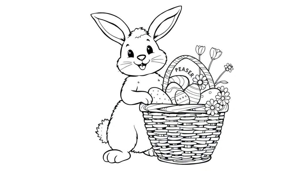A black and white cartoon of a happy rabbit holding a basket with Easter eggs and flowers, ready for a color panel.