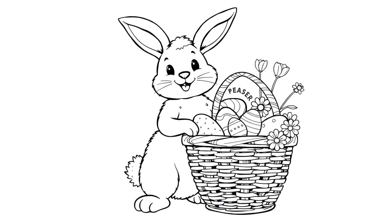 A black and white cartoon of a happy rabbit holding a basket with Easter eggs and flowers, ready for a color panel.