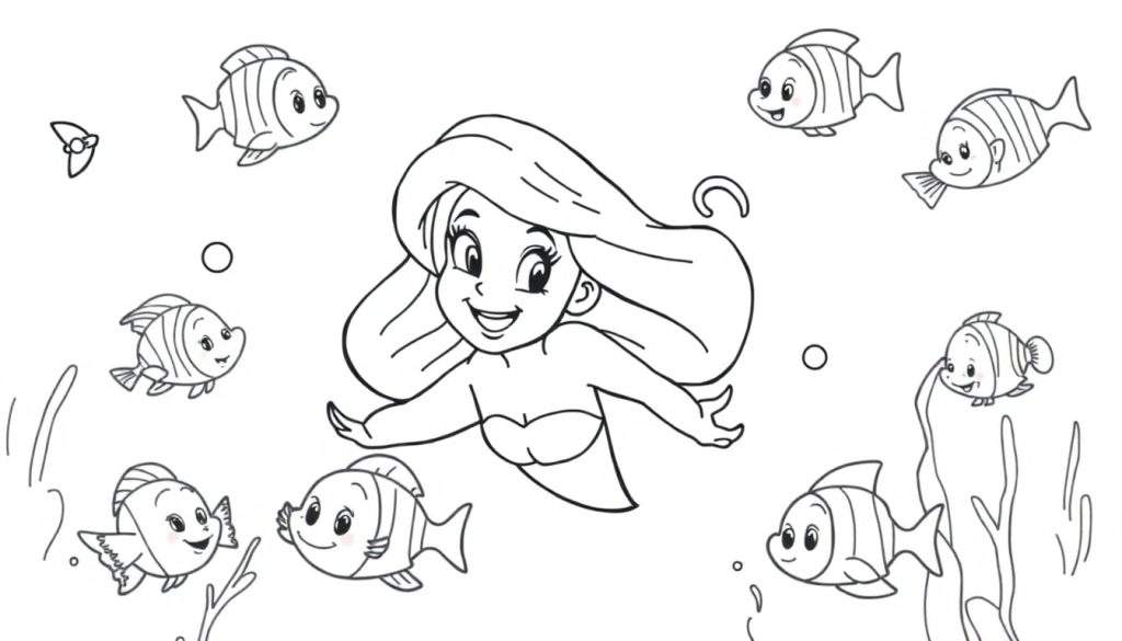 Ariel the mermaid swimming with colorful fish, a black and white coloring page with simple lines. A fun color panel.