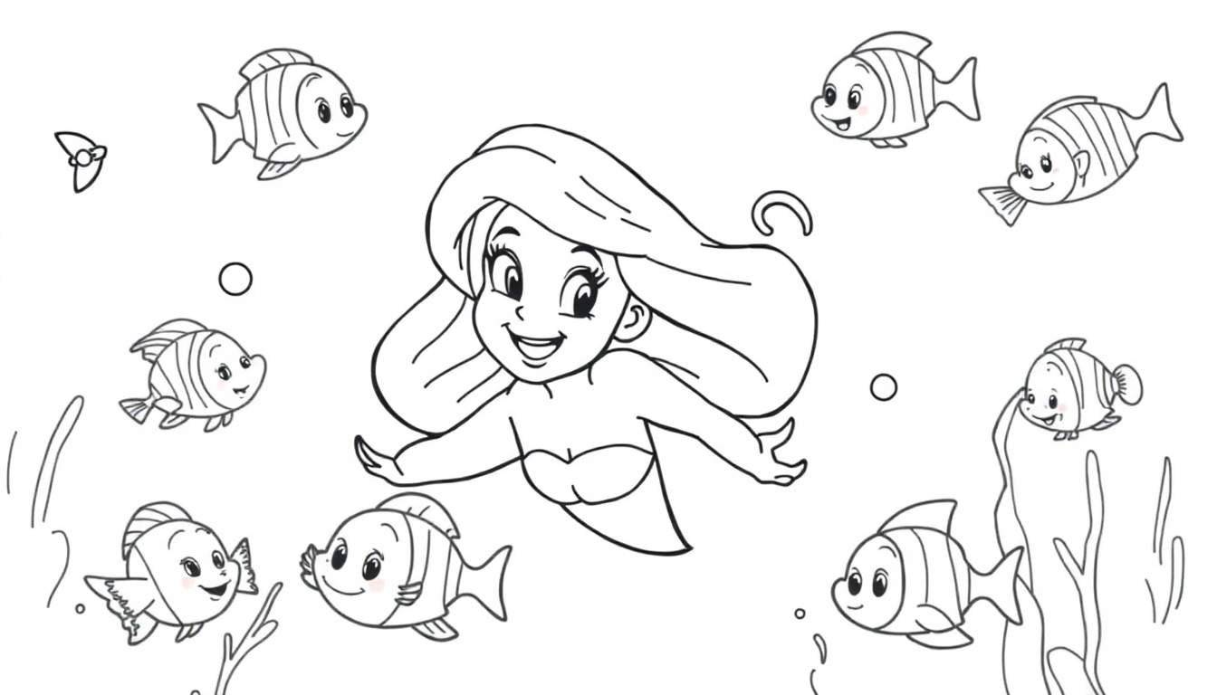 Ariel the mermaid swimming with colorful fish, a black and white coloring page with simple lines. A fun color panel.