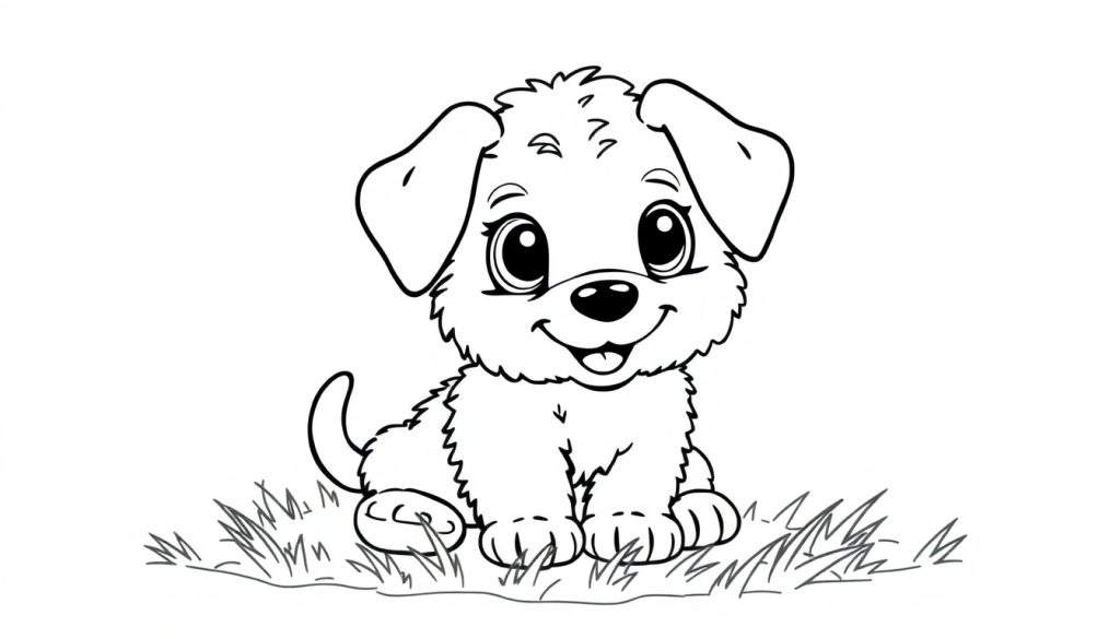 Bentley the puppy in a black and white color panel, sitting in grass.