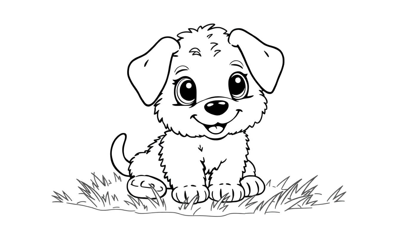 Bentley the puppy in a black and white color panel, sitting in grass.