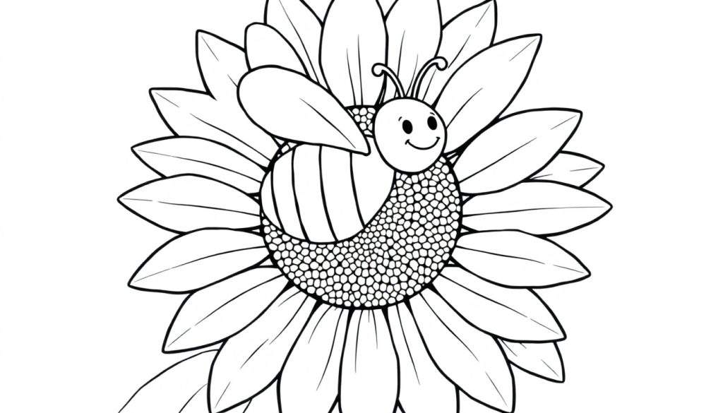 A black and white illustration of a friendly bee on a sunflower, ready for coloring. This color panel features a happy bee and a big flower.