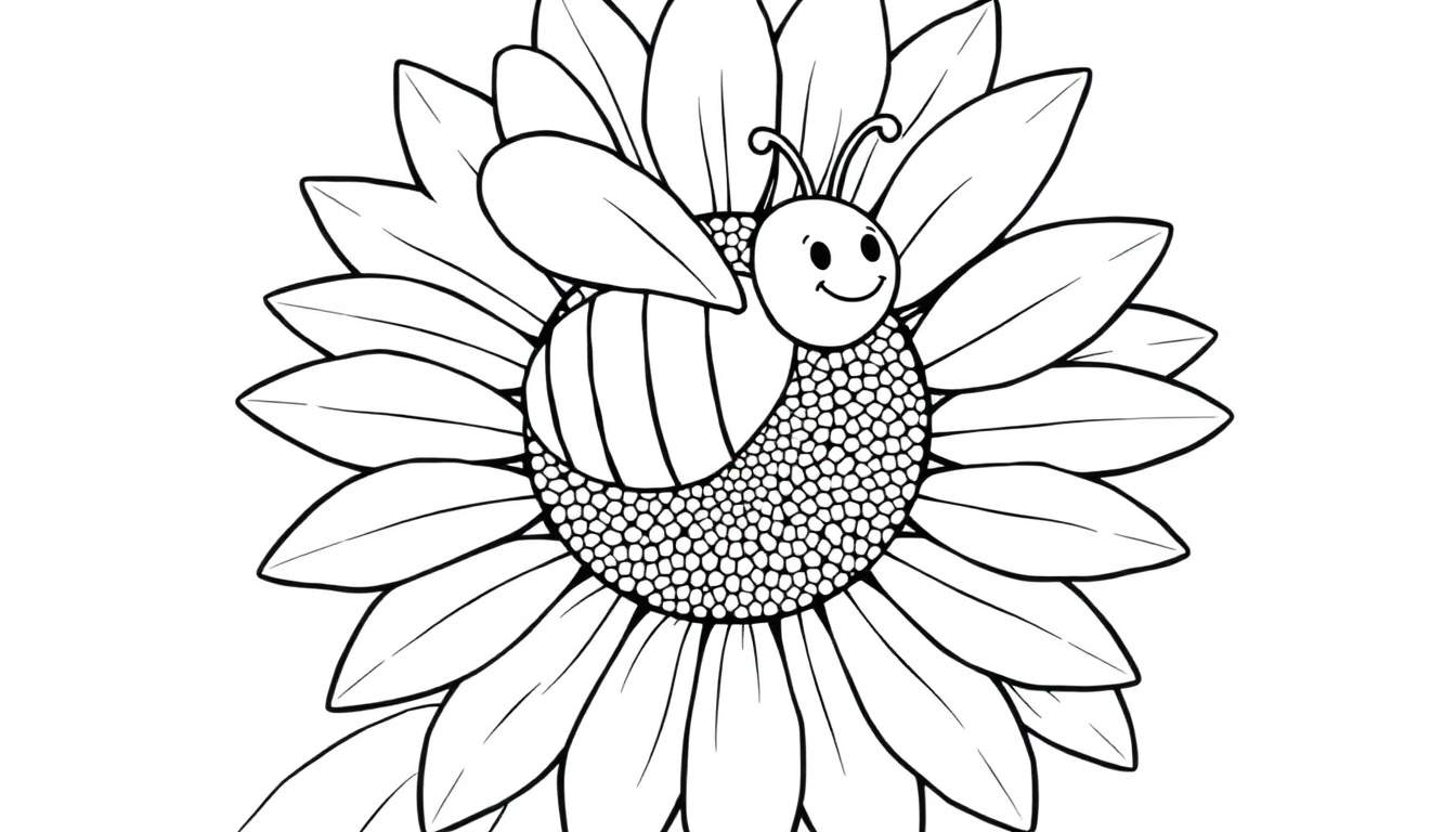 A black and white illustration of a friendly bee on a sunflower, ready for coloring. This color panel features a happy bee and a big flower.