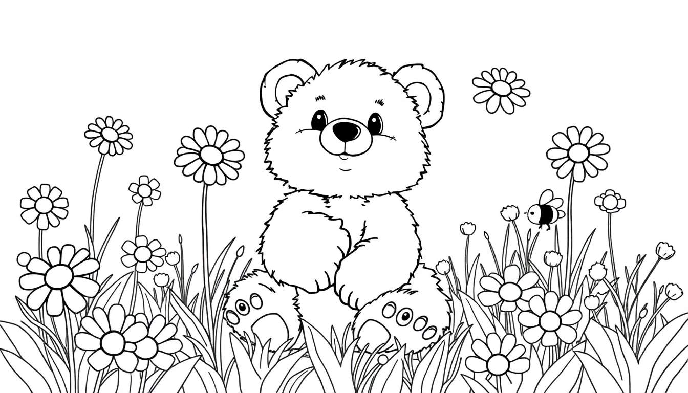 A cute black and white bear cub illustration for a color panel, sitting in a flower field with a bee.