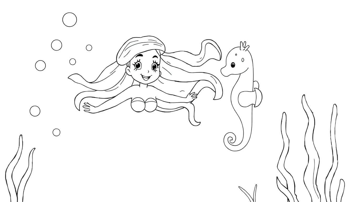 Ariel the mermaid and her seahorse friend in a black and white coloring panel.
