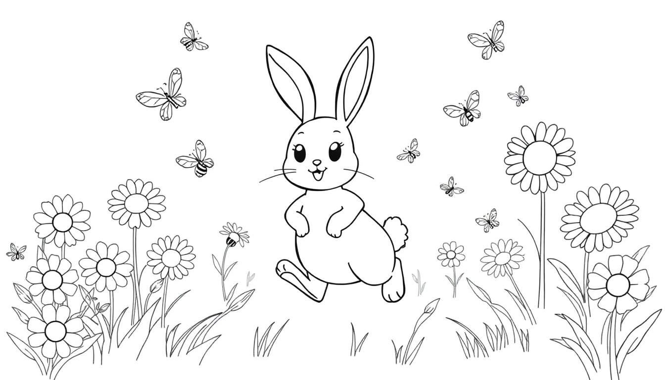 A cute bunny in a black and white coloring panel field of daisies with butterflies, ready for color.