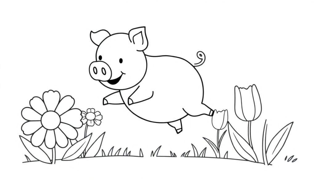 A cheerful pig is jumping over a field of flowers, a black and white color panel for kids.