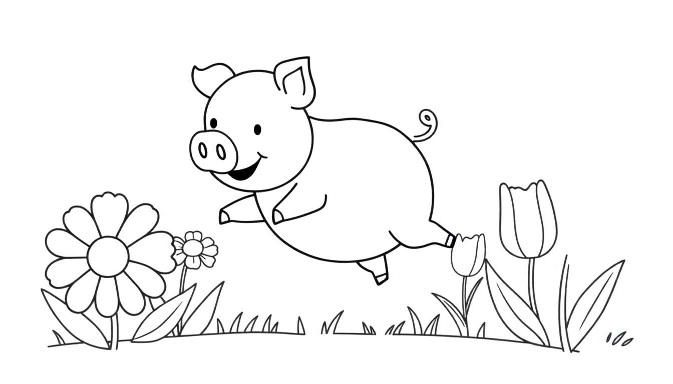 A cheerful pig is jumping over a field of flowers, a black and white color panel for kids.