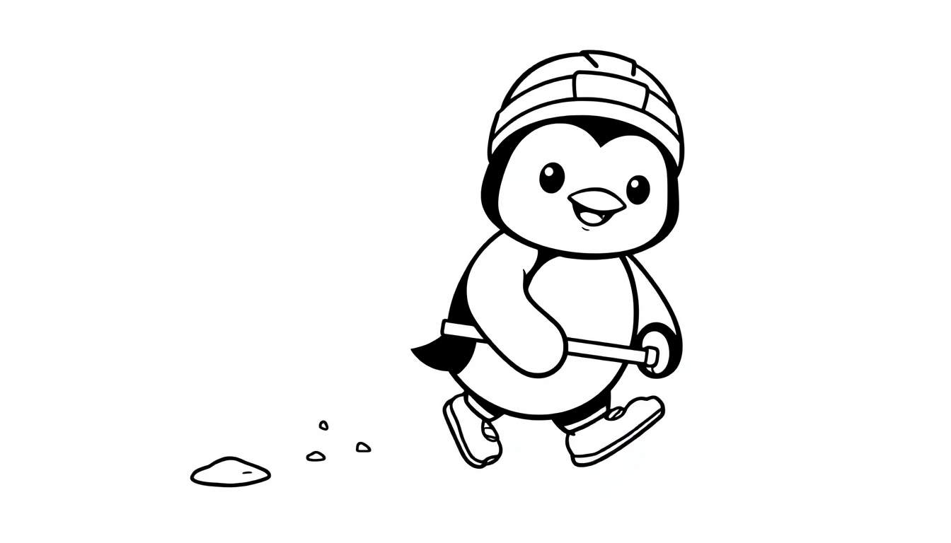 A black and white color panel of a cute baby penguin dressed as a hockey player, holding a hockey stick and wearing skates and a helmet.