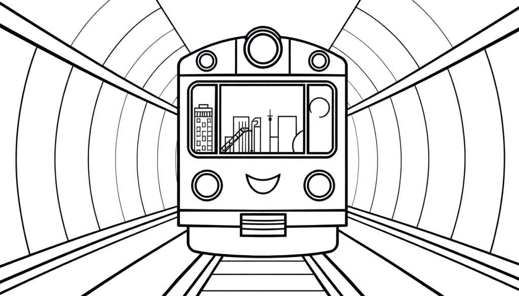 A happy cartoon subway train peeking out of a tunnel, ready for a color panel adventure.