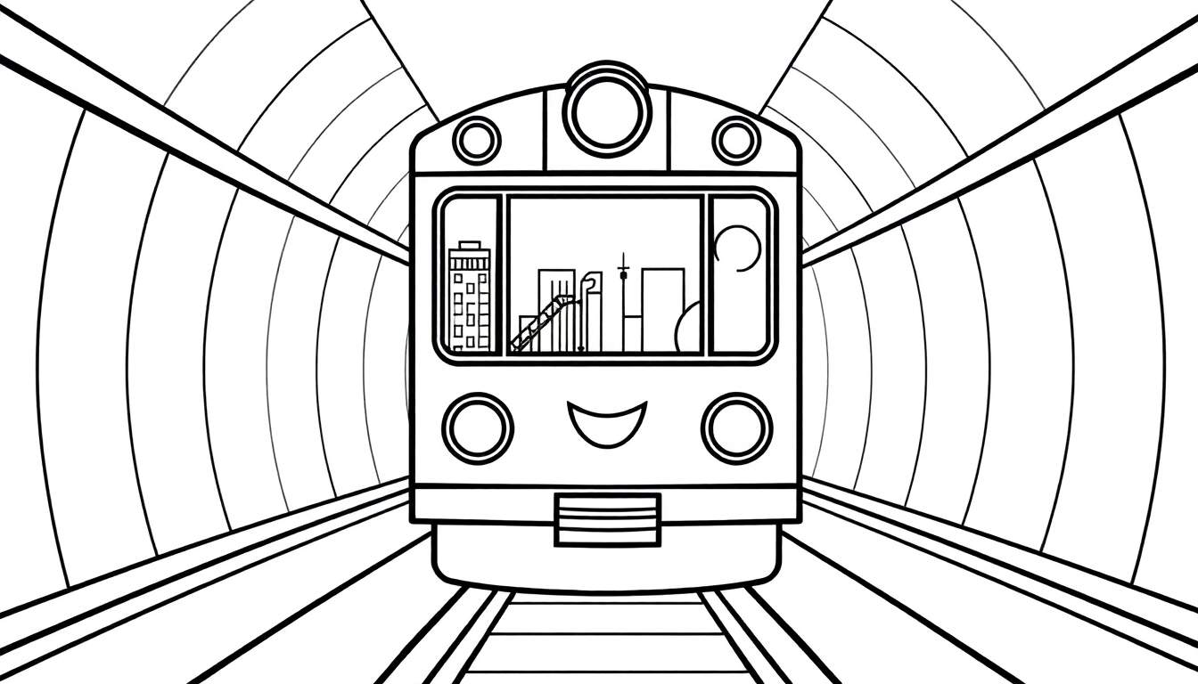 A happy cartoon subway train peeking out of a tunnel, ready for a color panel adventure.