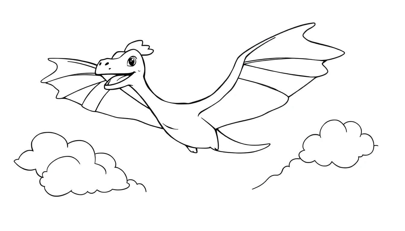 A happy cartoon dragon flying through the clouds in a black and white color panel.