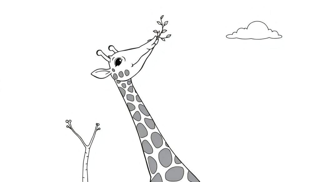 A happy giraffe with grey spots eating leaves from a bare tree branch, in a black and white color panel.
