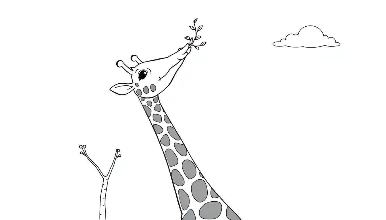 A happy giraffe with grey spots eating leaves from a bare tree branch, in a black and white color panel.