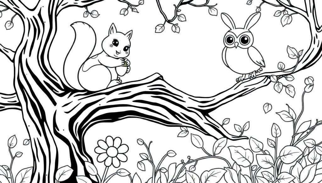 A black and white coloring page of a forest with a squirrel and owl, ready for a color panel.