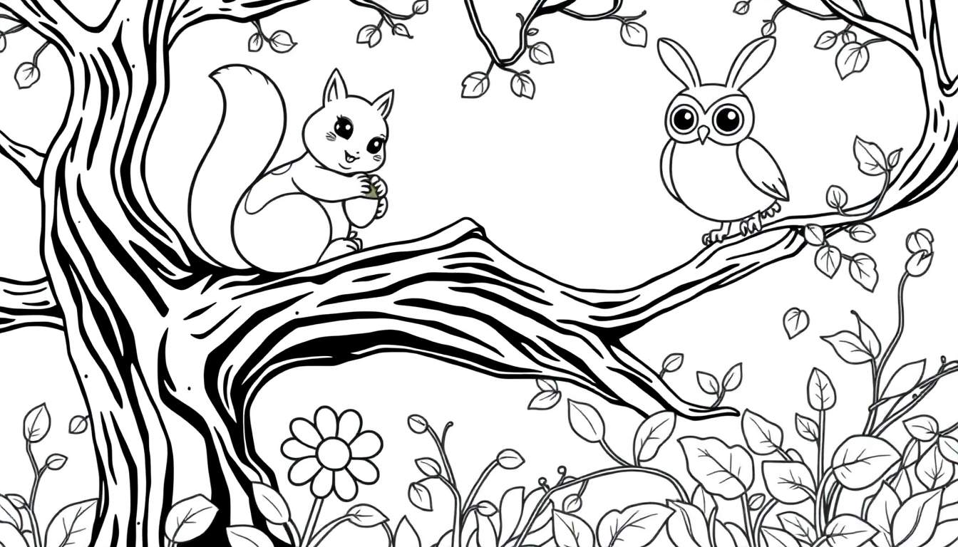 A black and white coloring page of a forest with a squirrel and owl, ready for a color panel.