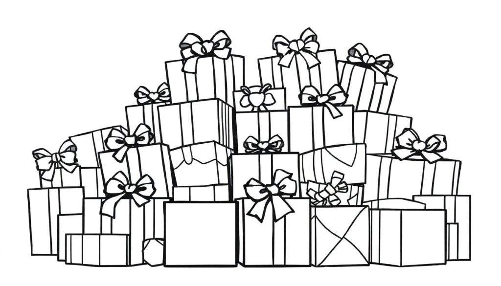 A black and white color panel showing a pile of presents with bows, ready for kids to color.