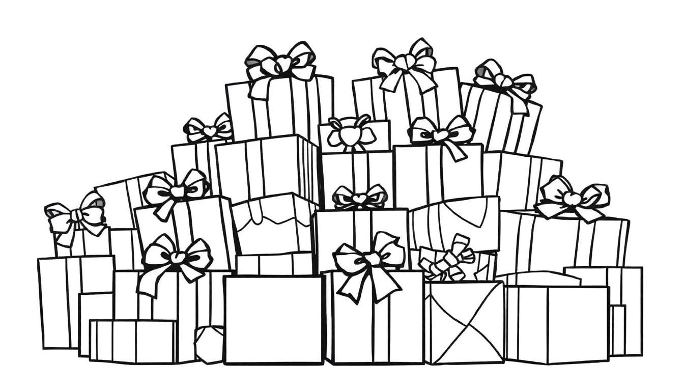 A black and white color panel showing a pile of presents with bows, ready for kids to color.