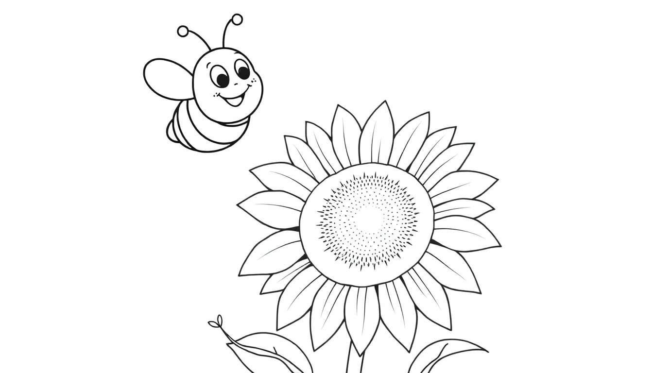 A cartoon bee on a color panel flying towards a large sunflower, ready for coloring.