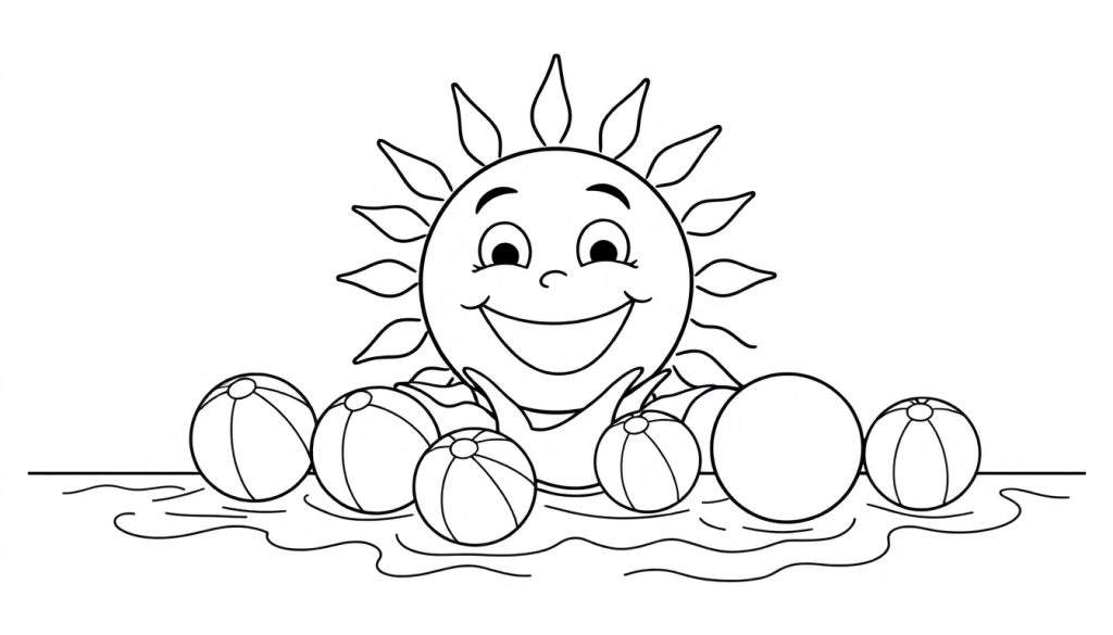 A black and white coloring page of a happy sun splashing in water with beach balls, a sunny color panel.
