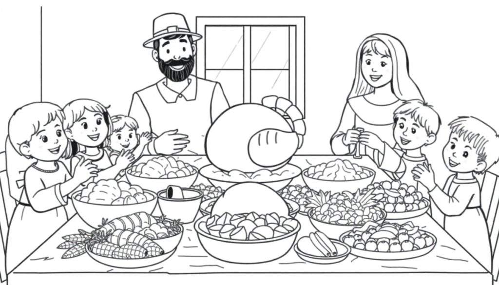 A black and white coloring page of a Pilgrim family enjoying Thanksgiving dinner. The color panel shows a joyful scene with children clapping and a large turkey.