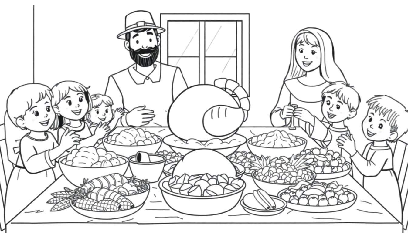 A black and white coloring page of a Pilgrim family enjoying Thanksgiving dinner. The color panel shows a joyful scene with children clapping and a large turkey.